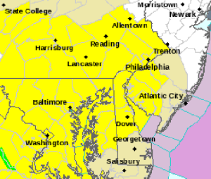 Tornado watch area shown in yellow as outlined by National Weather Service