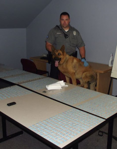 Officer Barrett and K9 partner Britt stand with the heroin seized. (Photo: Dover PD) 