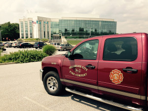 Delaware City Fire Company pickup truck was stolen from New Castle County police headquarters parking lot, involved in crash, then returned, police said. (Photo: Delaware Free News)