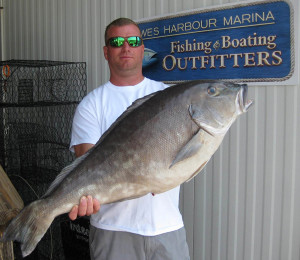 Jesse Kegley with his  record blueline tilefish. (Photo courtesy DNREC and Lewes Harbour Marina)