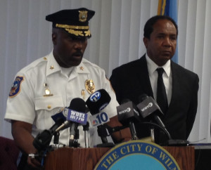 Police Chief Bobby Cummings and Mayor Dennis Williams appear at news conference this afternoon. (Photo: Delaware Free News)