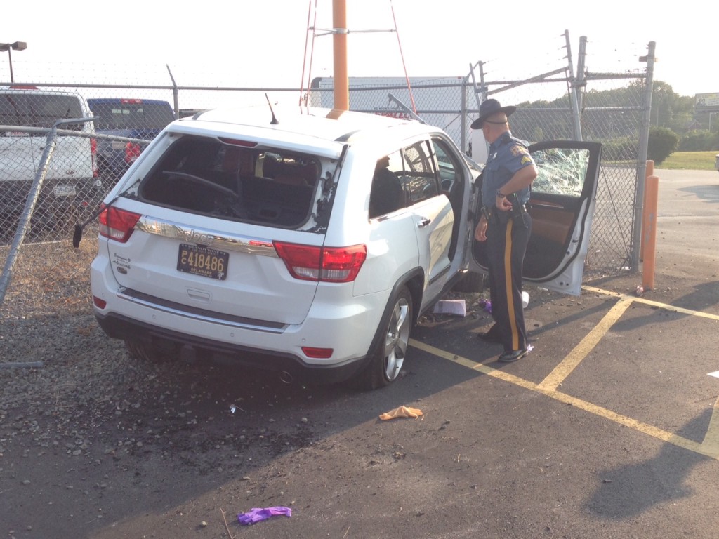 Jeep hit landing lights and stopped at fence along Old Churchman's Road. (Photo: Delawafre Free News)