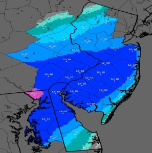 Snowfall predictions issued at 5 p.m. Thursday by the National Weather Service for storm due to arrive late Friday and end early Suinday. 