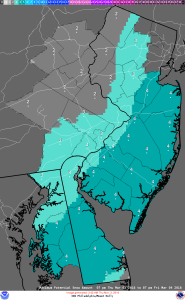 Maximum snowfall potential prediction from National Weather Service for Delaware