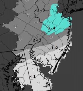 National Weather Service snow accumulation predictions for storm arriving Saturday night.