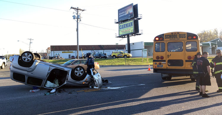 Car and school bus collided on Old Baltimore Pike at Albe Drive. (Photo: Delaware Free News)