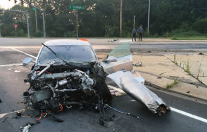 Car involved in crash with FedEx tractor-trailer on Route 896. (Photo: Delaware Free News)