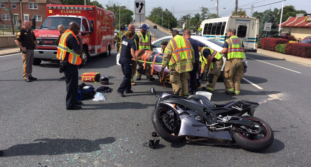 Motorcycle and car collided on Kirkwood Highway at Seneca Road. (Photo: Delaware Free News)