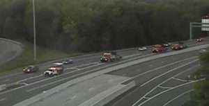 DelDOT trucks block northbound Route 1 ramp to Interstate 95 at Christiana. (Photo: DelDOT traffic cam)