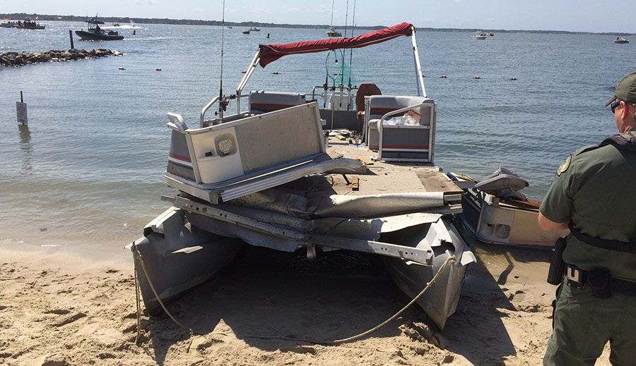 Pontoon boat involved in collision with personal watercraft on Indian River Bay. Photo: Indian River Volunteer Fire Company