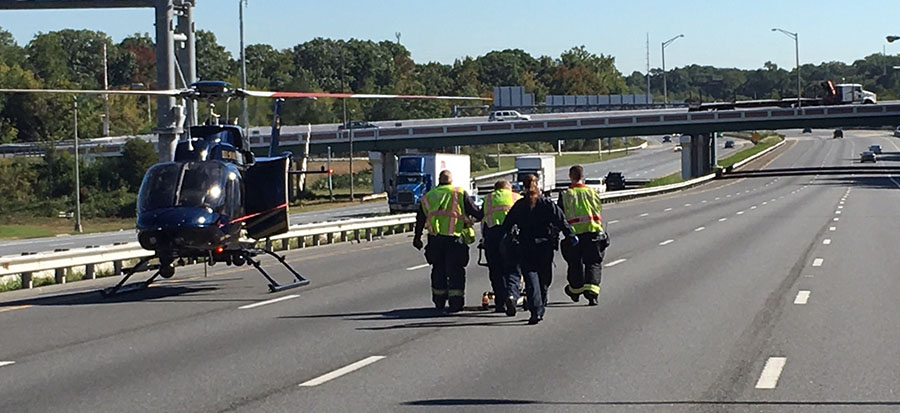 Woman injured in Interstate 95 crash was flown to Christiana Hospital by Delaware State Police helicopter. (Photo: Delaware Free News)