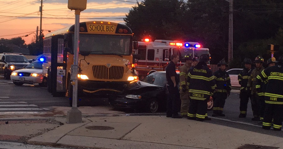 School bus collided with car at Old Baltimore Pike and Salem Church Road. (Photo: Reader submitted courtesy Jennifer Jankowski)