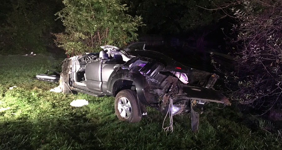 Pickup truck struck pole and home at Routes 7 and 71 intersection. (Photo: Delaware Free News)