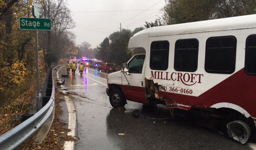 Car and bus collided on Paper Mill Road (Route 72) at Stage Road. (Photo: Delaware Free News)