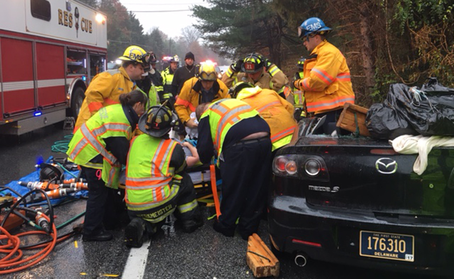 Car and bus collided on Paper Mill Road (Route 72) at Stage Road. (Photo: Delaware Free News)
