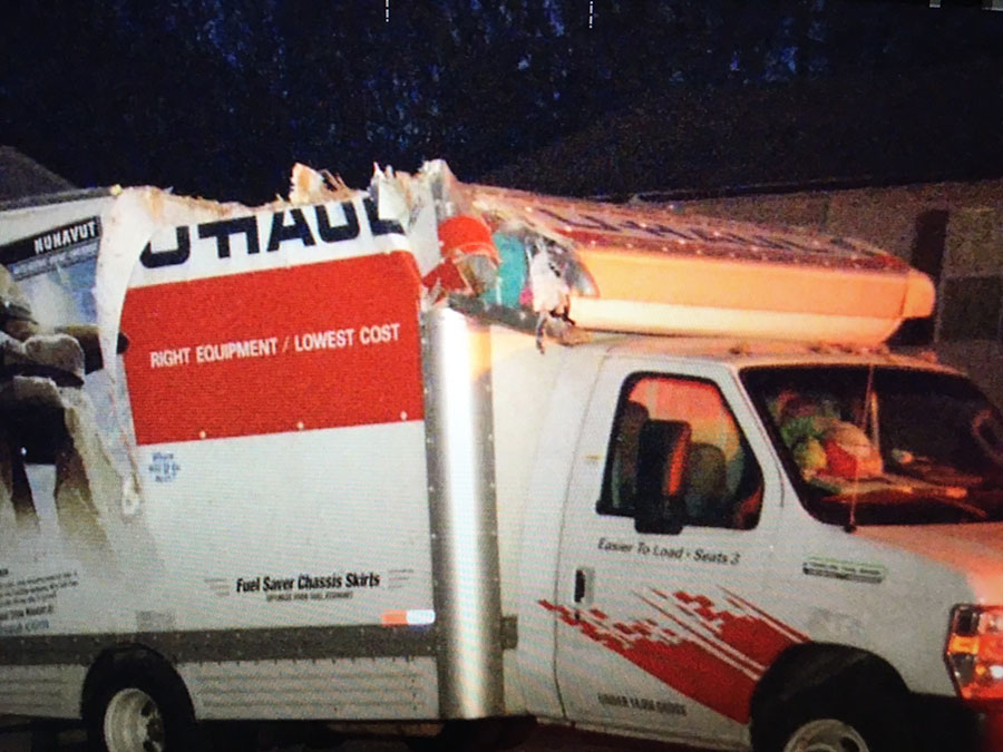 U-Haul rental truck was heavily damaged when it hit railroad overpass on Casho Mill Road in Newark. (Photo: Delaware Free News)