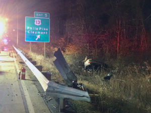 Car went off southbound Interstate 495 in Claymont, overturned and caught fire. (Photo: Delaware Free News)