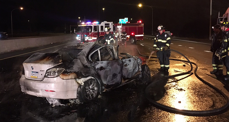 Driver escaped before car burst into flames after colliding with tractor-trailer on Interstate 95 near Route 273. (Photo: Delaware Free News)