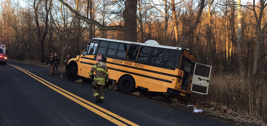 Christina School District bus crashed into tree on Upper Pike Creek Road in Pike Creek. (Photo: Delaware Free News)