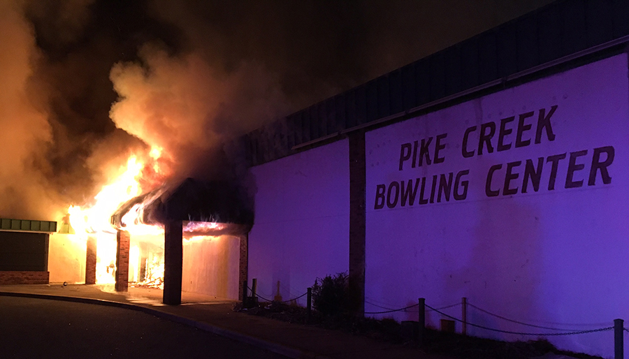 Fire destroyed former Pike Creek Bowling Center and Charcoal Pit restaurant building. (Photo: Delaware Free News)