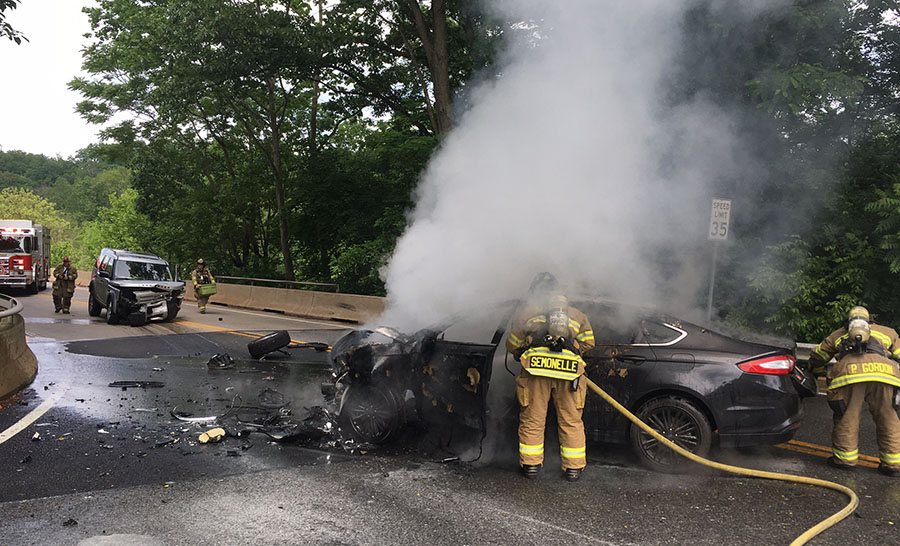 One car burst into flames after a head-on collision on the Tyler McConnell Bridge. (Photo: Delaware Free News)