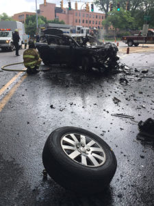 One car burst into flames after a head-on collision on the Tyler McConnell Bridge. (Photo: Delaware Free News)