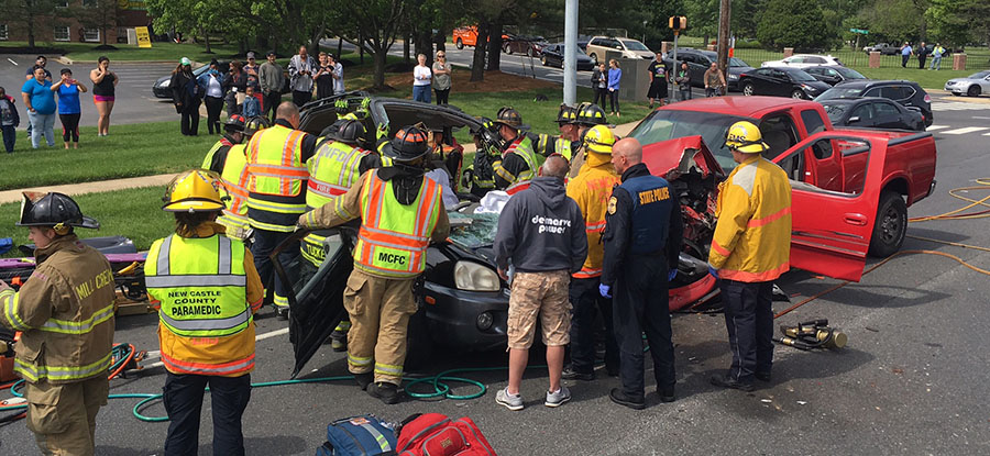 A station wagon and pickup truck collided on Capitol Trail (Route 2) at Pike Creek Road. (Photo: Delaware Free News)