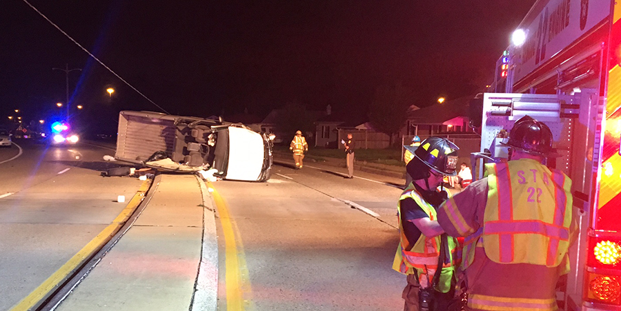 A pickup truck collided with a light pole and overturned at Memorial and Bizarre drives near New Castle. (Photo: Delaware Free News)