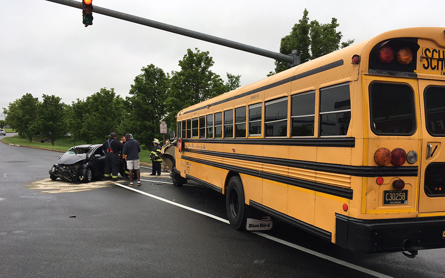 School bus and car collided at Harmony Road and Ruthar Drive. (Photo: Delaware Free News)