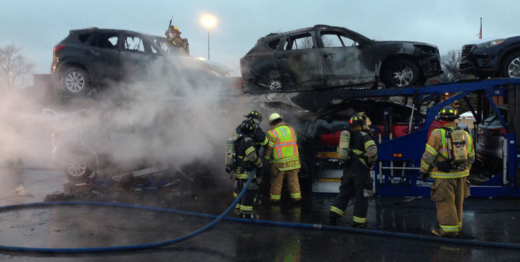 Six new Mazdas were destroyed when fire broke out on tractor-trailer on Interstate 295.