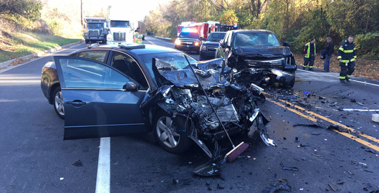 Pickup and car collided on Lancaster Pike (Route 48) at School House Lane in Hockessin. (Photo: Delaware Free News)