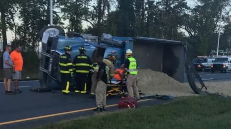 Dump truck overturned after colliding with an SUV on U.S. 113 north of Millsboro. (Photo: Delaware State Police)
